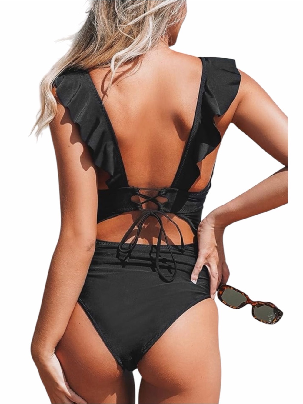 NWT – Cupshe – Ruffled Lace-Up One Piece Swimsuit – Black – Sz. L - Picture 3 of 10